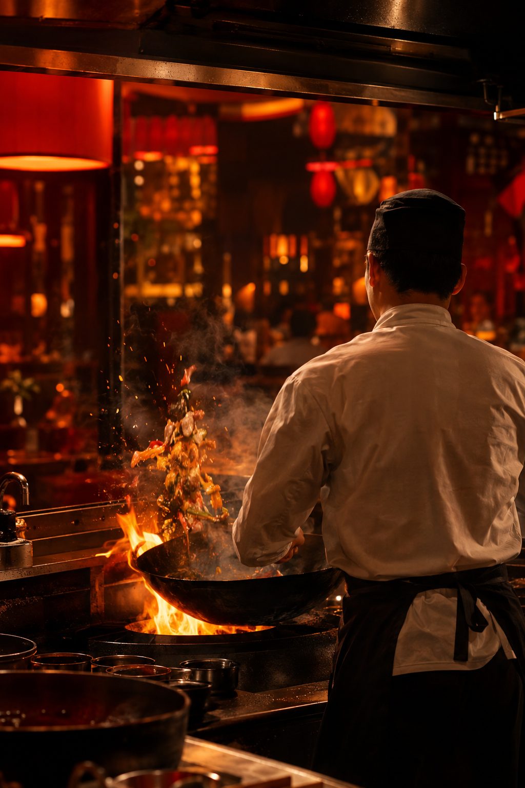 Chef tossing ingredients in a wok over open flame