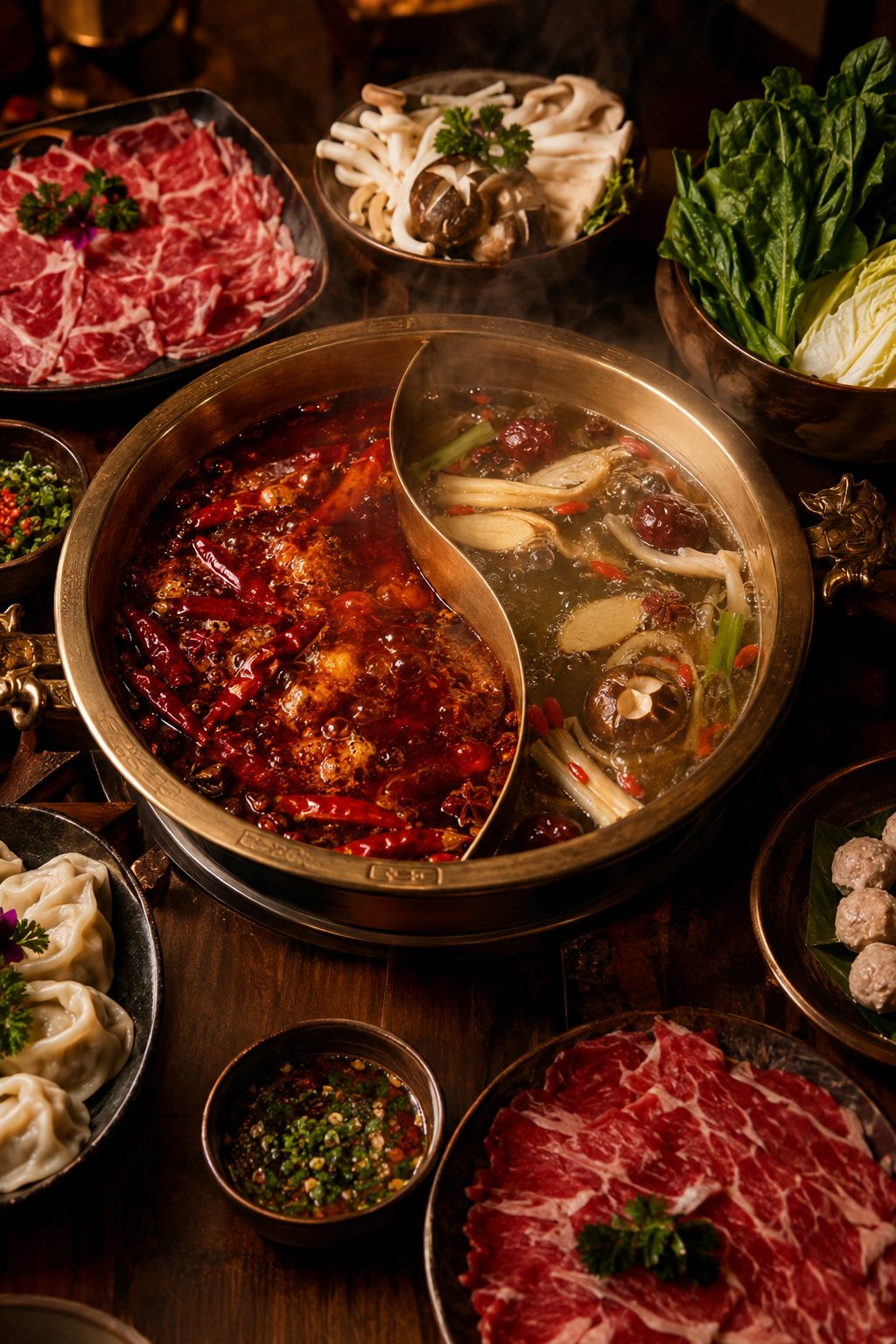 Dramatic close-up of hot pot broth simmering